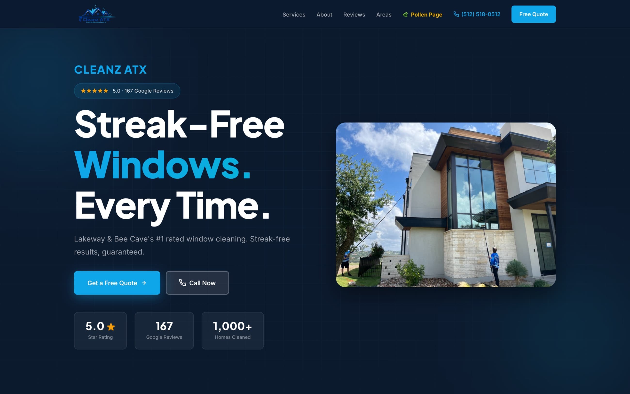 CleanZ ATX homepage on desktop: 'Streak-Free Windows. Every Time.' headline beside a photo of the crew cleaning a modern home