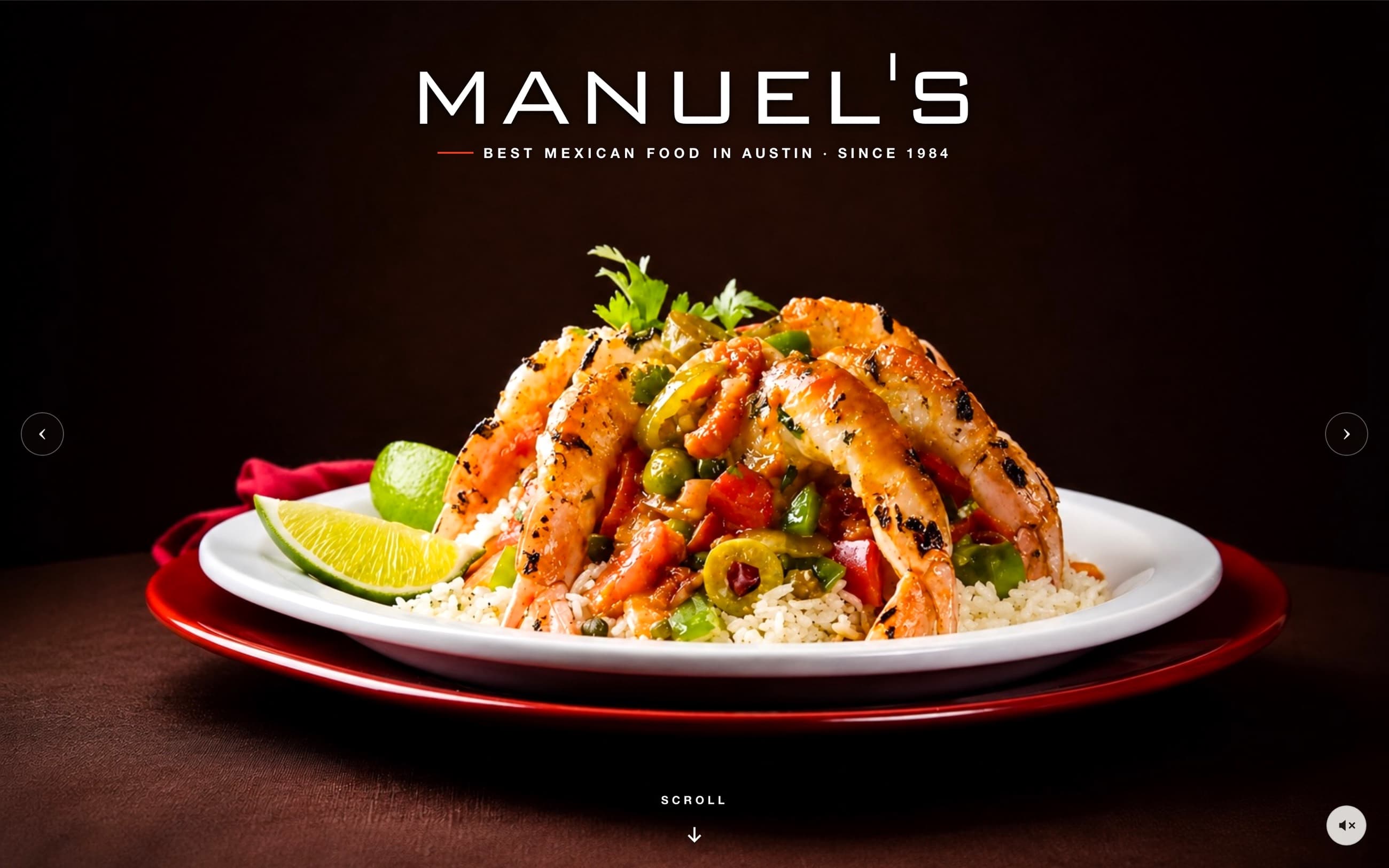 Manuel's homepage on desktop: the Manuel's wordmark over a plated shrimp dish on a dark, warm background