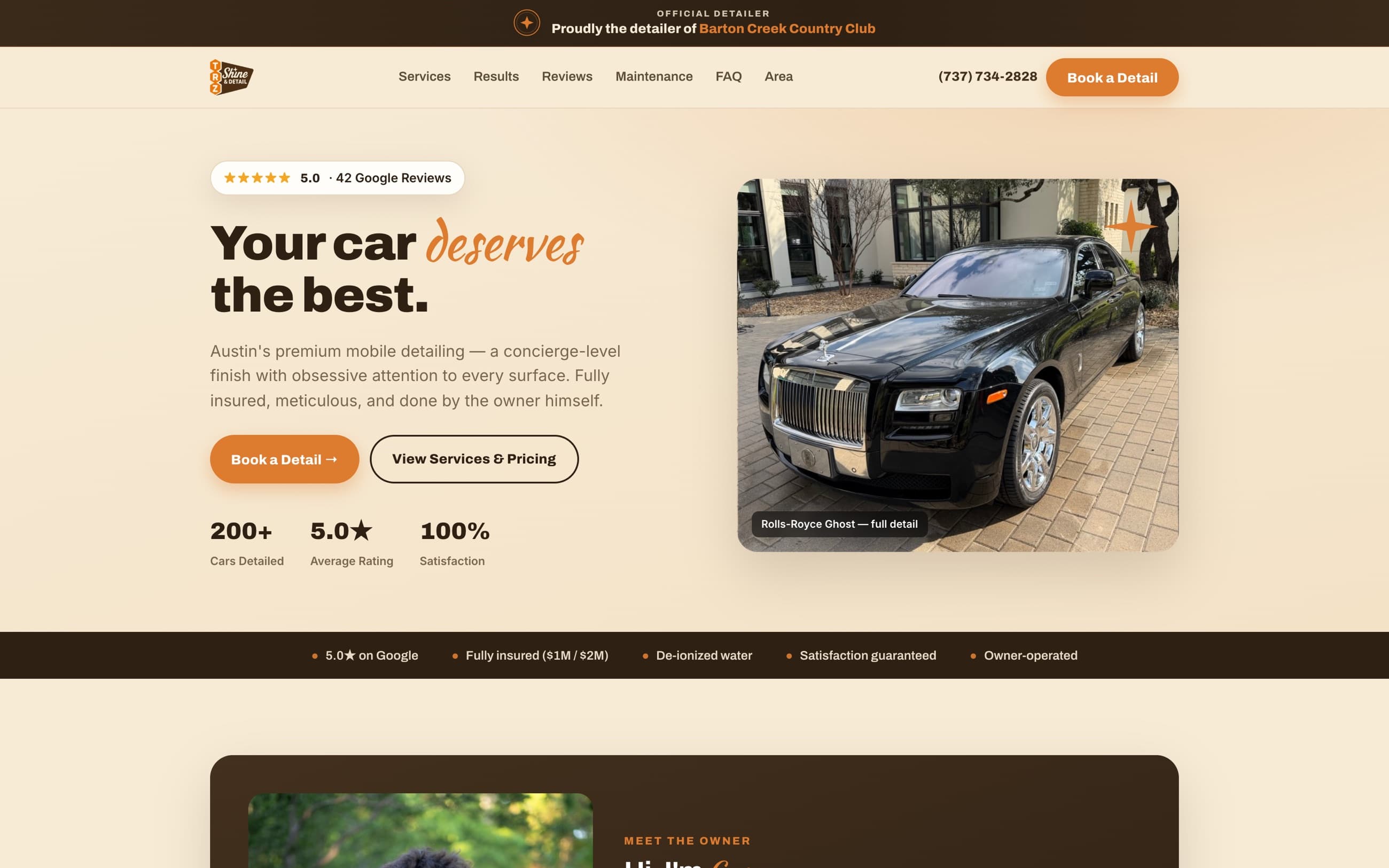 TRZ Shine & Detail homepage on desktop: 'Your car deserves the best' headline beside a detailed black Rolls-Royce